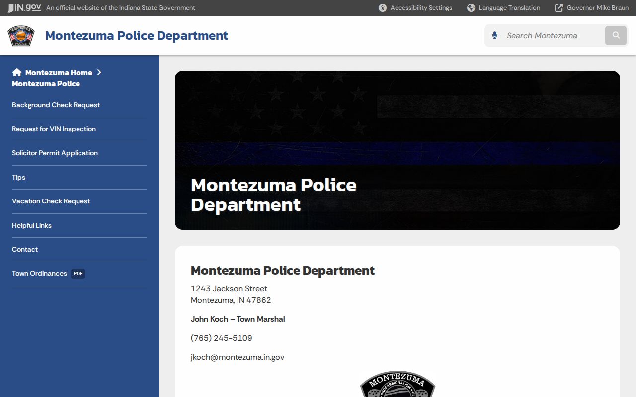 Montezuma Police Department official arrest record contact in Parke County