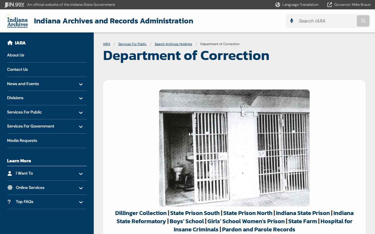 Indiana State Archives correction records page