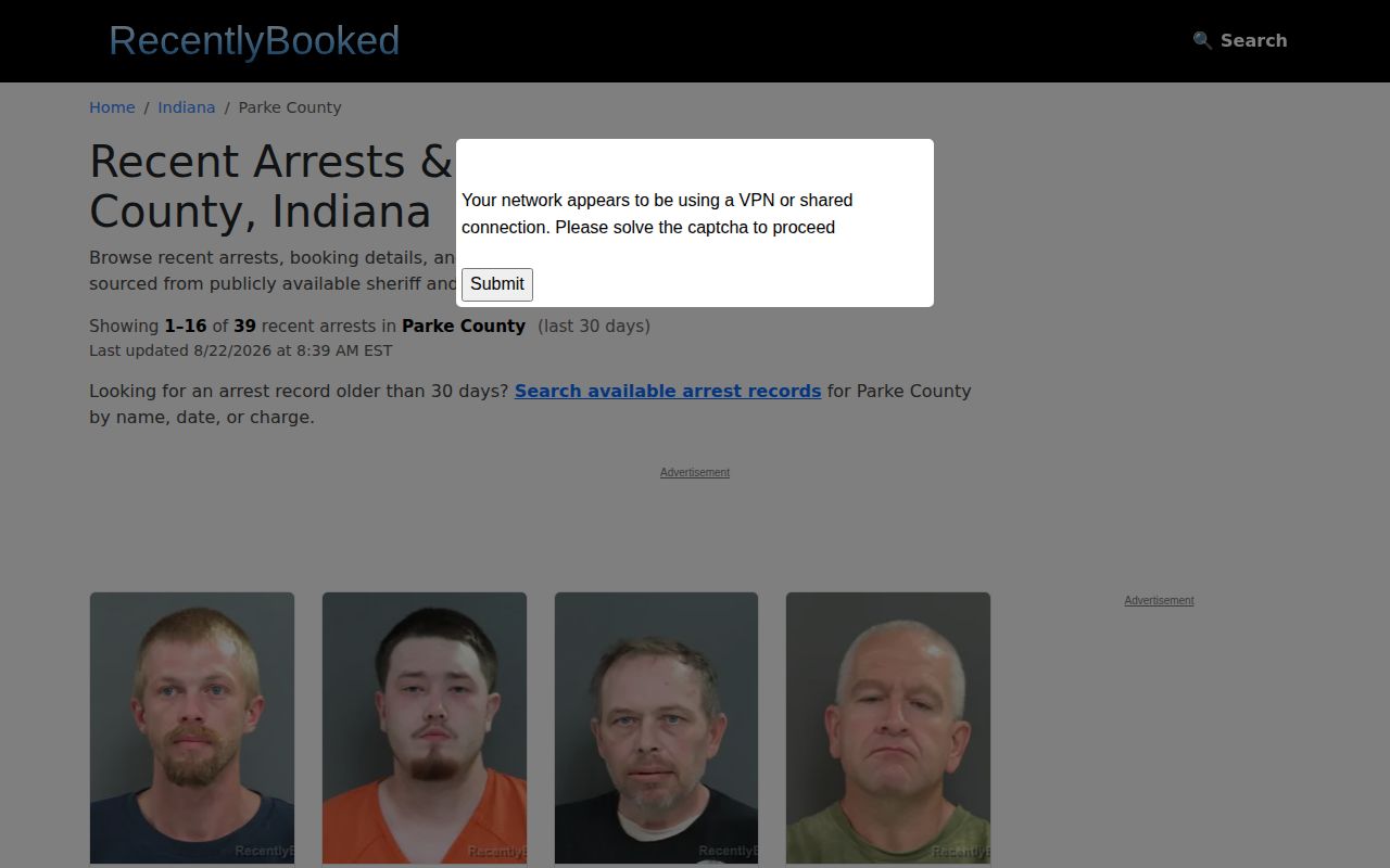 RecentlyBooked unofficial Parke County interface