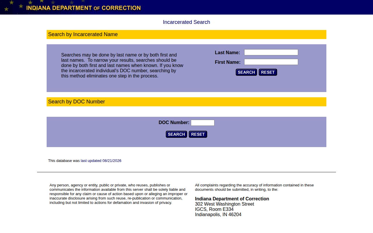 Indiana Department of Correction offender search