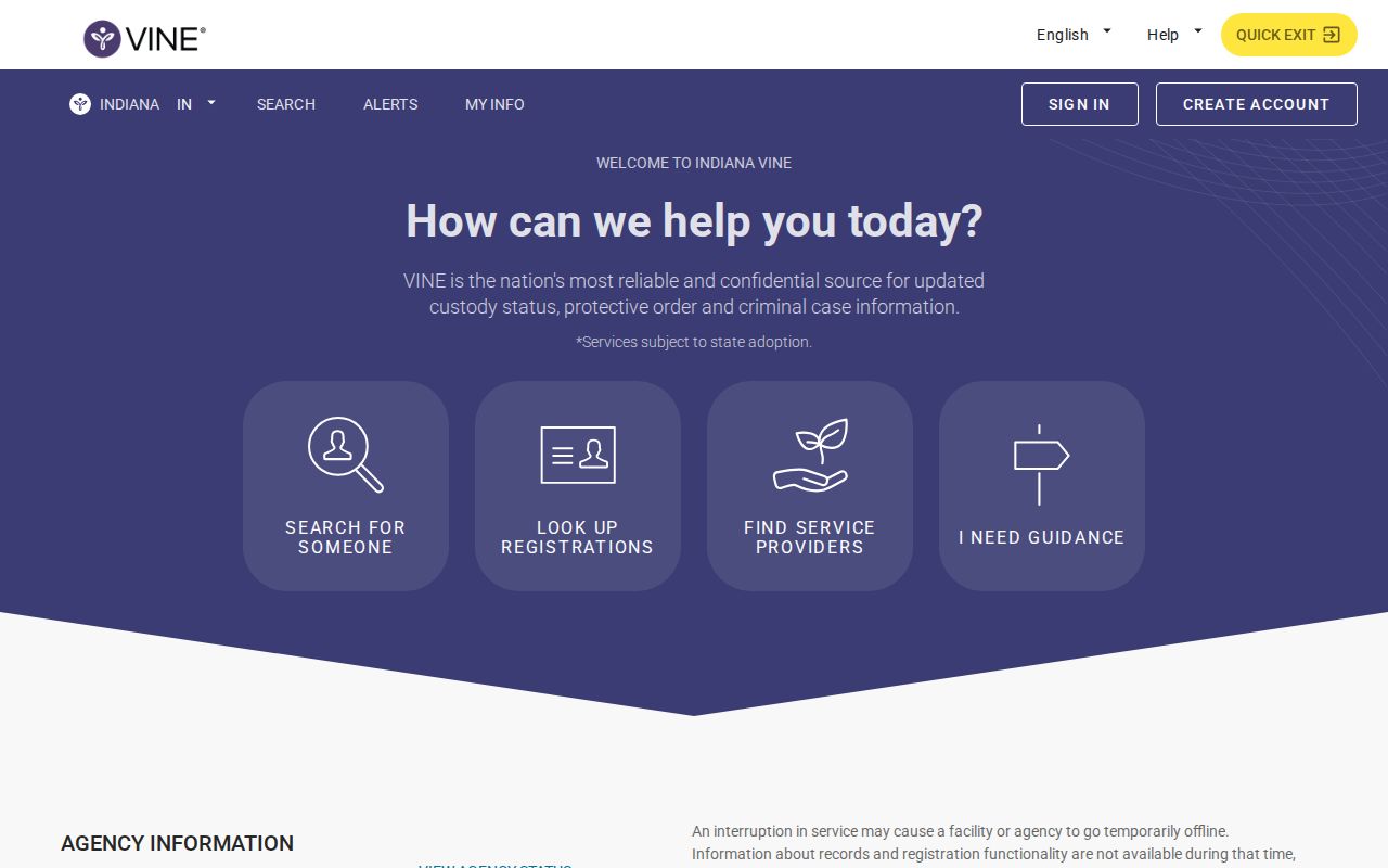 Indiana VINE custody search interface
