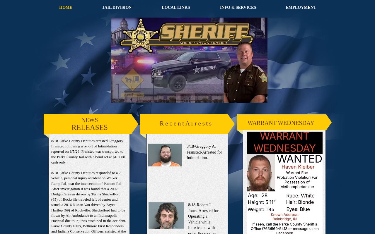 Parke County sheriff homepage with recent arrest and Warrant Wednesday sections