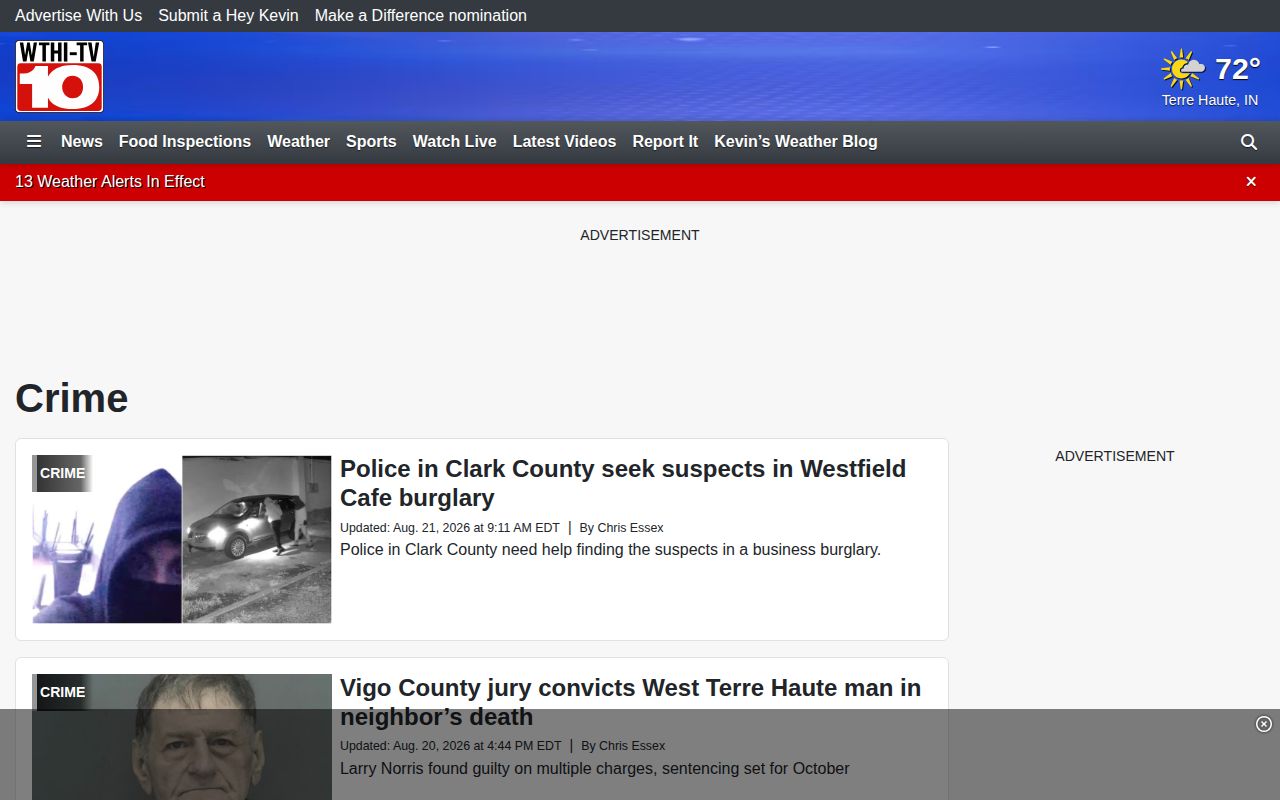 WTHI-TV News 10 regional crime news landing page